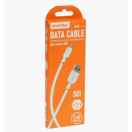 Дата-кабель Smartbuy S01 MicroUSB белый. 2,4А, 1м.