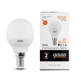 Gauss Лампа LED Elementary G45 10Вт Е14 220В, 2700К, (53110)