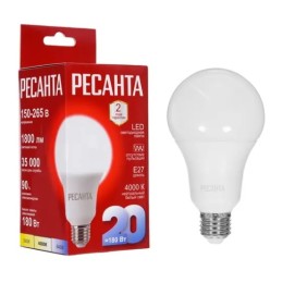 Лампа с/д 20Вт, 230В 4000К Е27 LL-R-A80-20W-230-4K-E27, Ресанта