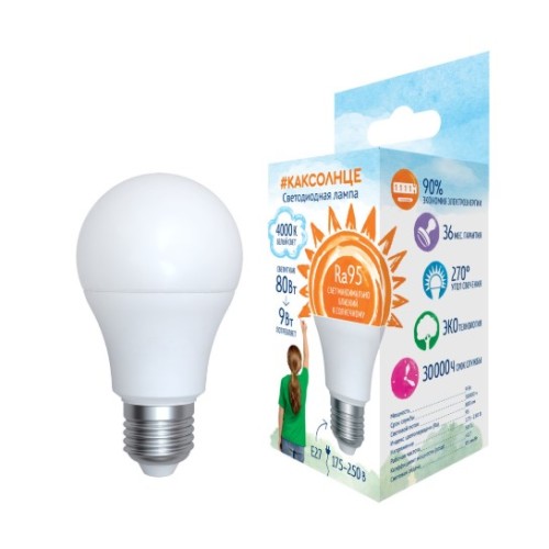 Лампа с/д LED-A60-9W/4000К/Е27/FR/RA95 9Вт 800Лм 230в солн. спектр (UNIEL)