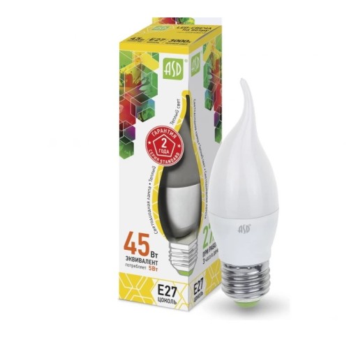 Лампа светодиодная LED-CВЕЧA на ветру -standart 5.0Вт, 220В, Е27 3000К, 450Лм ASD