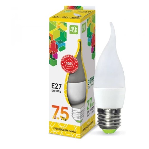 Лампа светодиодная LED-CВЕЧA на ветру -standart 7,5Вт, 220В, Е27 3000К, ASD