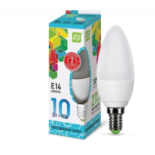Лампа светодиодная LED-WAP-standart 10Вт, 230В, Е14 4000К, 900Лм ASD