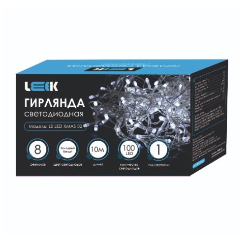 Электрогирлянда нить LE LED XMAS 02, 6500К 10м 100 LED IP20 зеленый провод, LEEK