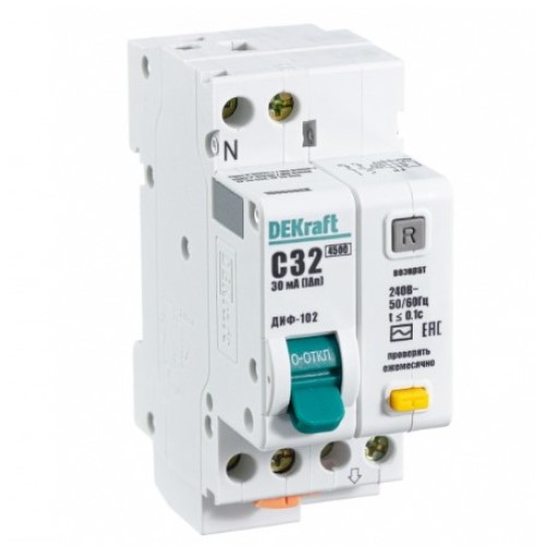 DEKraft Авт. выключатель дифф.тока ДИФ-102 С32А 30мА1Р+N тип AC 4,5кА
