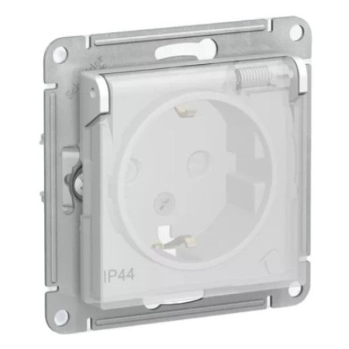 SE AtlasDesign Aqua Бел. Розетка с/з со шторками с крышкой, IP44, 16А механизм (ATN440146)