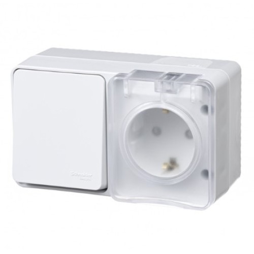 SE AtlasDesign Profi54 Бел. Блок о/у Розетка с з/к со шт.16А + Выкл. 1-кл. 10А, IP54 (ATN540170)