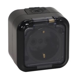 Розетка  РА16-297 (Пралеска Аква) с з/к 1-я накл. с прозр. крышкой черный IP54