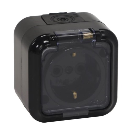 Розетка  РА16-297 (Пралеска Аква) с з/к 1-я накл. с прозр. крышкой черный IP54