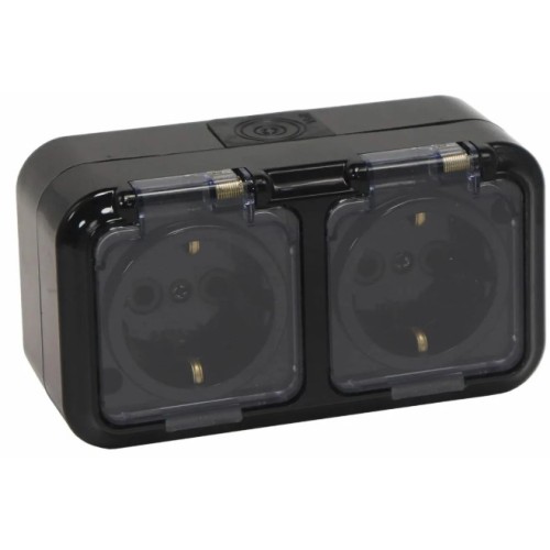 Розетка  РА16-303 (Пралеска Аква) с з/к 2-я накл. с прозр. крышкой черный IP54